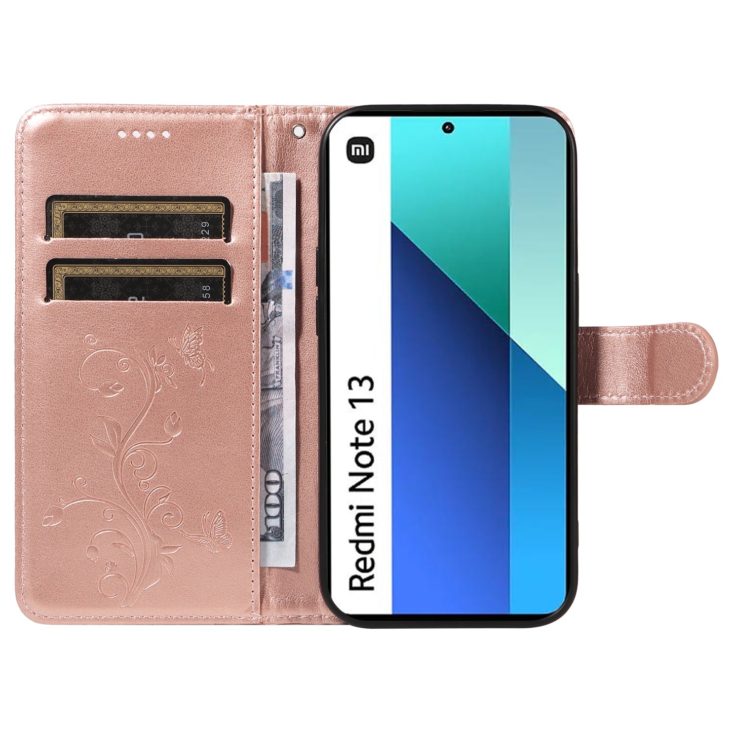 For Xiaomi Redmi Note 13 4G Leather Case Flower Butterfly Imprinted Wallet Phone Cover - Rose Gold