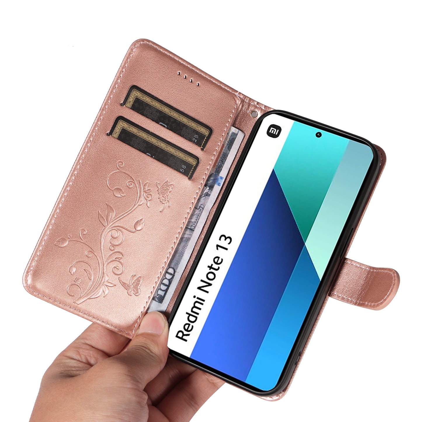 For Xiaomi Redmi Note 13 4G Leather Case Flower Butterfly Imprinted Wallet Phone Cover - Rose Gold