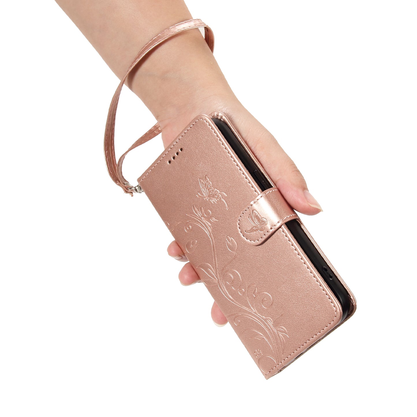 For Xiaomi Redmi Note 13 4G Leather Case Flower Butterfly Imprinted Wallet Phone Cover - Rose Gold