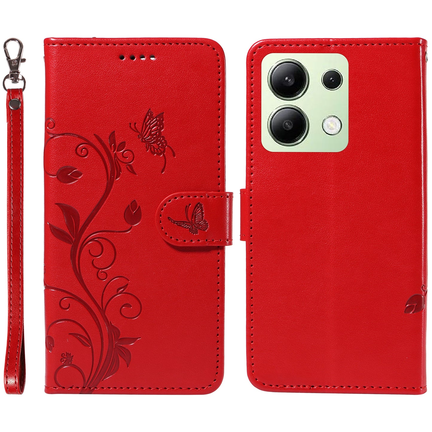 For Xiaomi Redmi Note 13 4G Leather Case Flower Butterfly Imprinted Wallet Phone Cover - Red