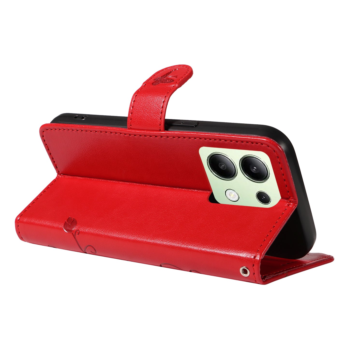 For Xiaomi Redmi Note 13 4G Leather Case Flower Butterfly Imprinted Wallet Phone Cover - Red