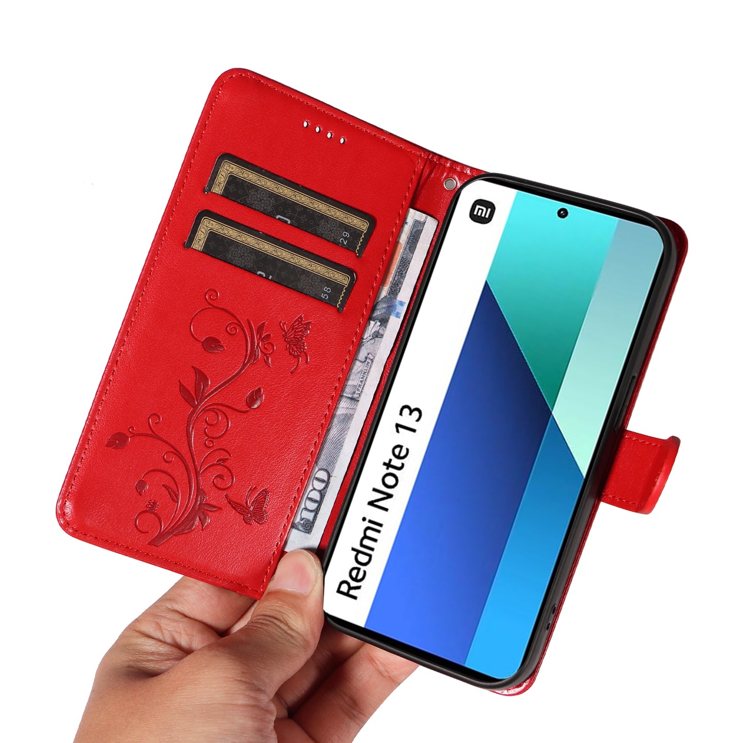 For Xiaomi Redmi Note 13 4G Leather Case Flower Butterfly Imprinted Wallet Phone Cover - Red