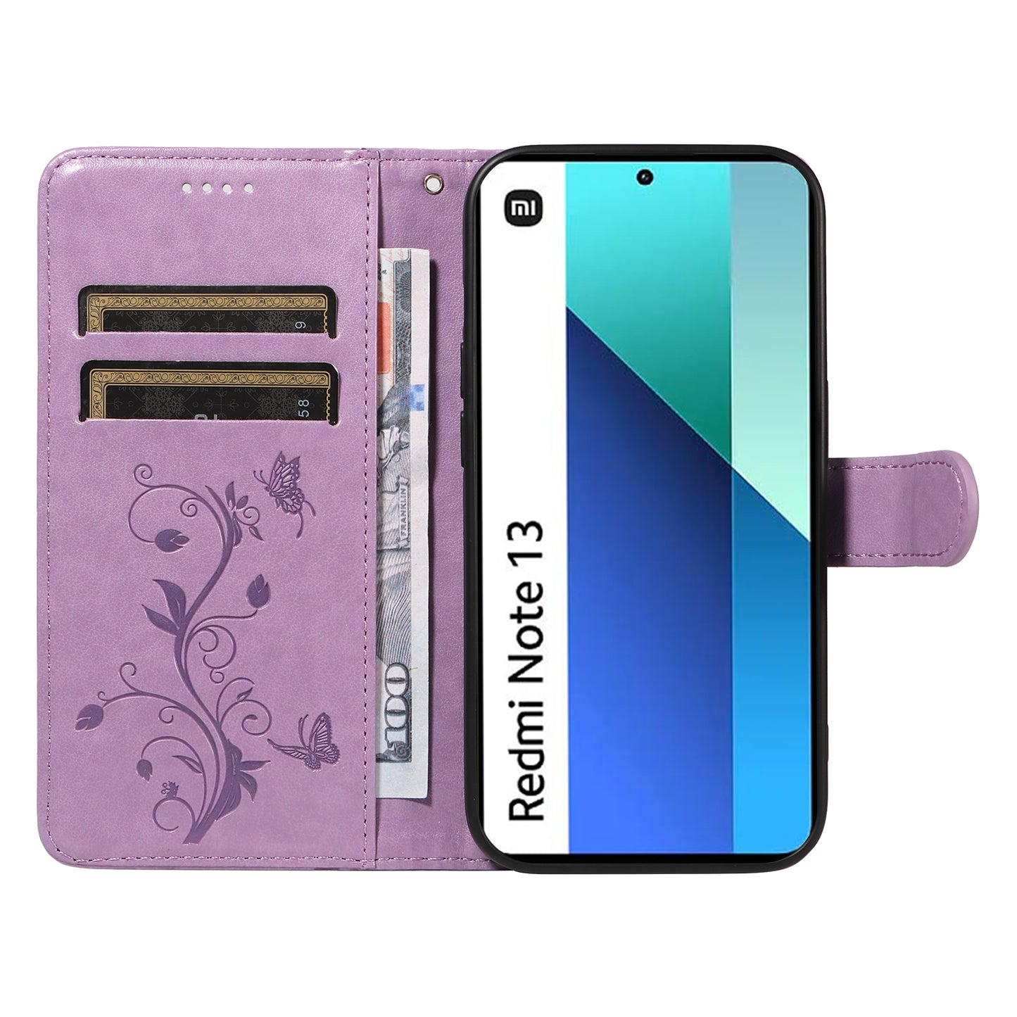 For Xiaomi Redmi Note 13 4G Leather Case Flower Butterfly Imprinted Wallet Phone Cover - Purple