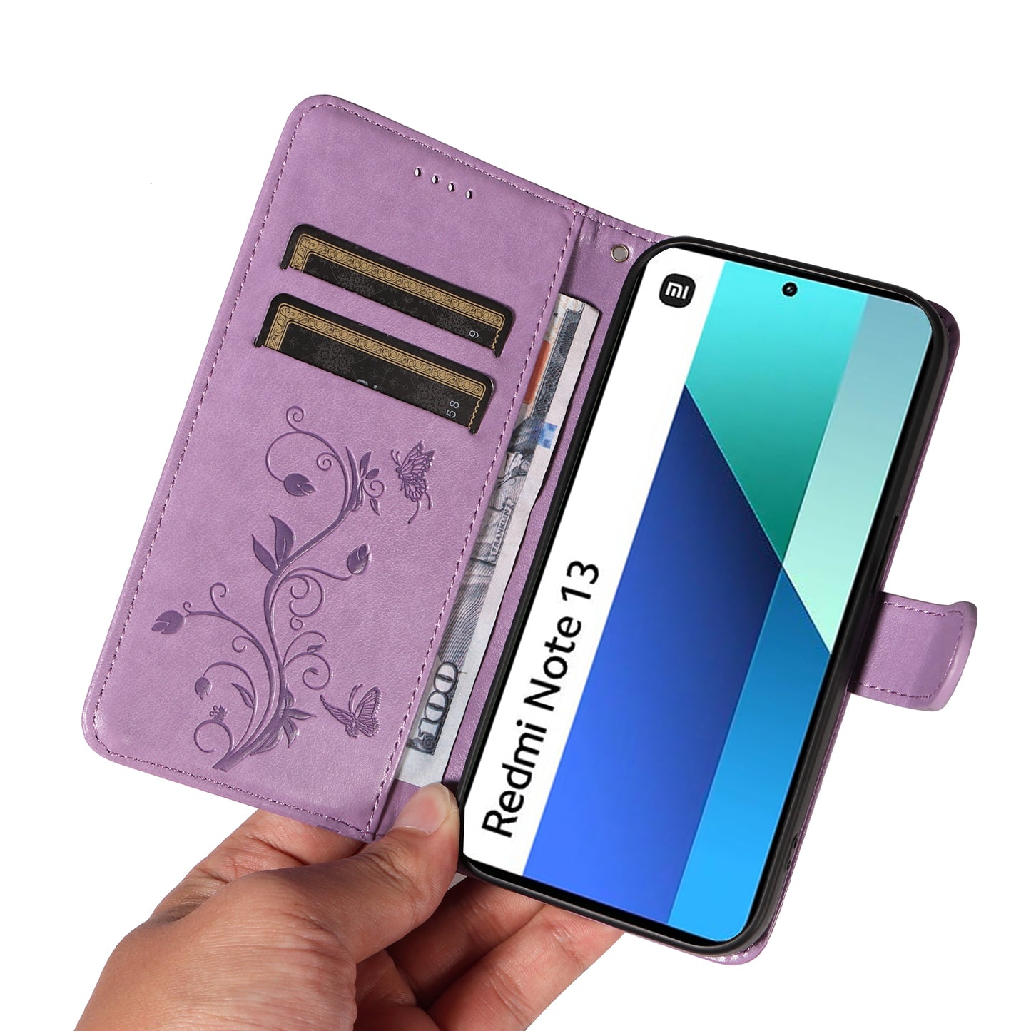 For Xiaomi Redmi Note 13 4G Leather Case Flower Butterfly Imprinted Wallet Phone Cover - Purple