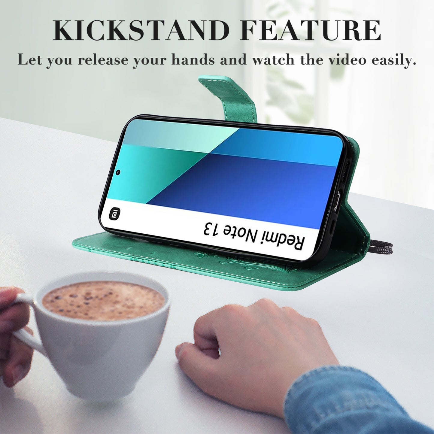 KT Imprinting Flower Series-2 For Xiaomi Redmi Note 13 4G Case Leather Cover with Wallet - Green
