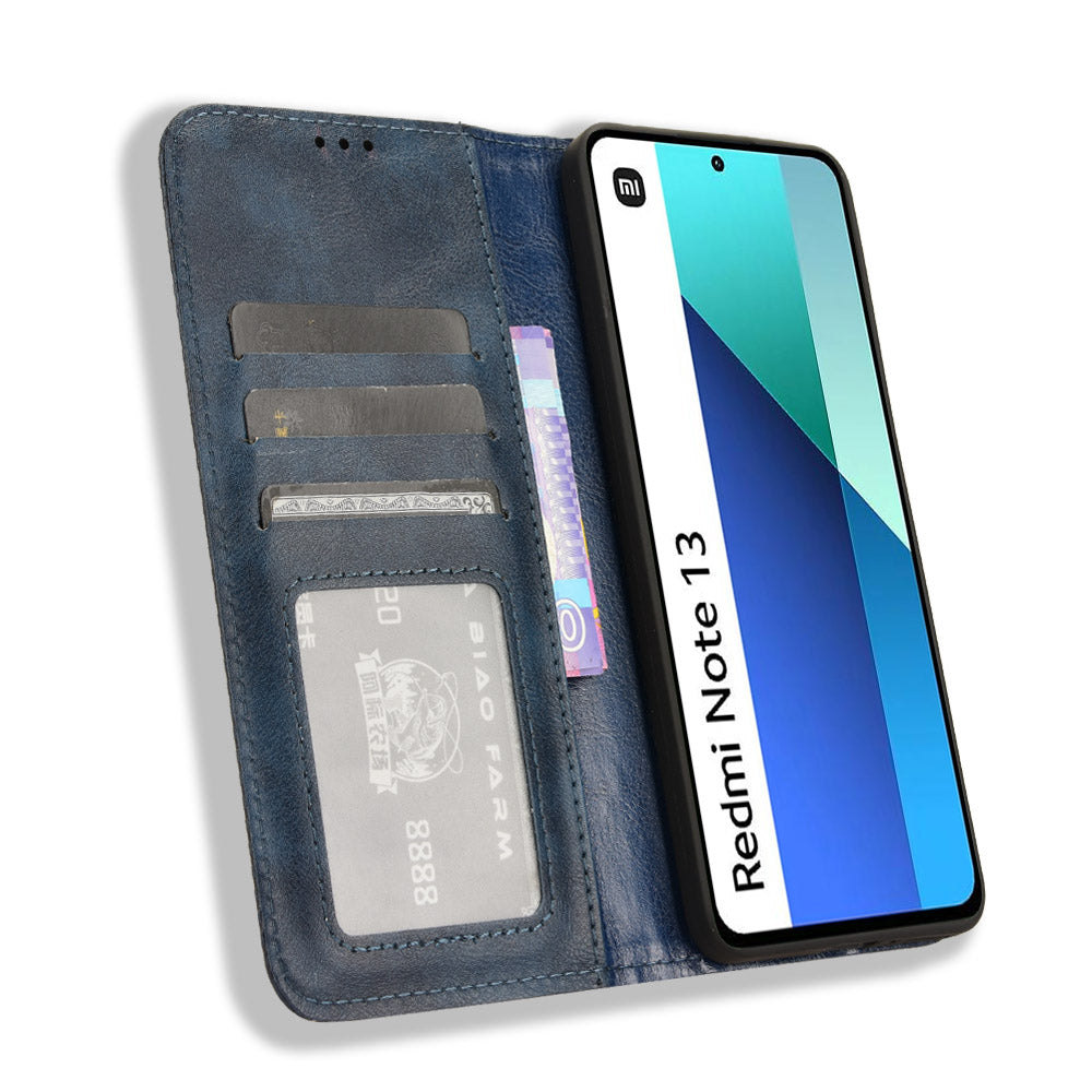 For Xiaomi Redmi Note 13 4G Leather Case Wallet Folding Stand Retro Phone Cover - Blue