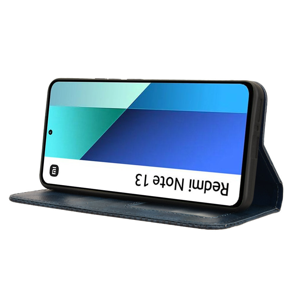 For Xiaomi Redmi Note 13 4G Leather Case Wallet Folding Stand Retro Phone Cover - Blue