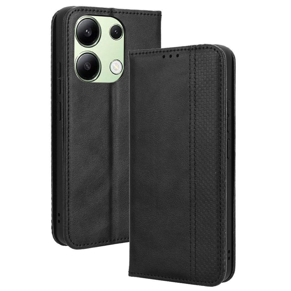 For Xiaomi Redmi Note 13 4G Leather Case Wallet Folding Stand Retro Phone Cover - Black