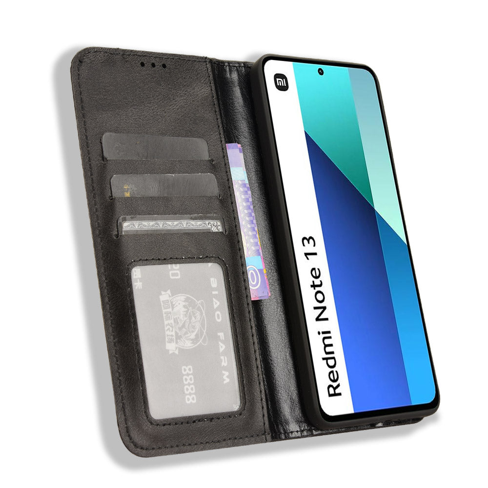 For Xiaomi Redmi Note 13 4G Leather Case Wallet Folding Stand Retro Phone Cover - Black