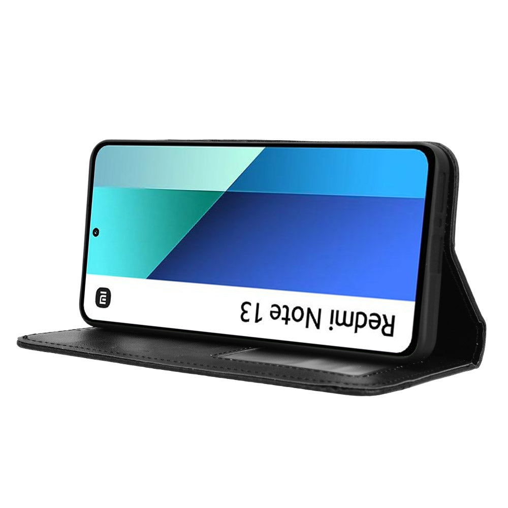 For Xiaomi Redmi Note 13 4G Leather Case Wallet Folding Stand Retro Phone Cover - Black