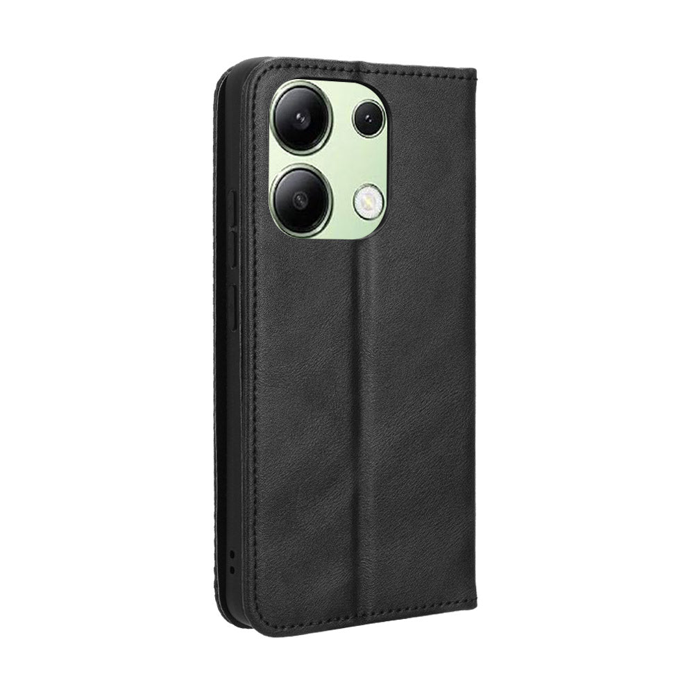 For Xiaomi Redmi Note 13 4G Leather Case Wallet Folding Stand Retro Phone Cover - Black
