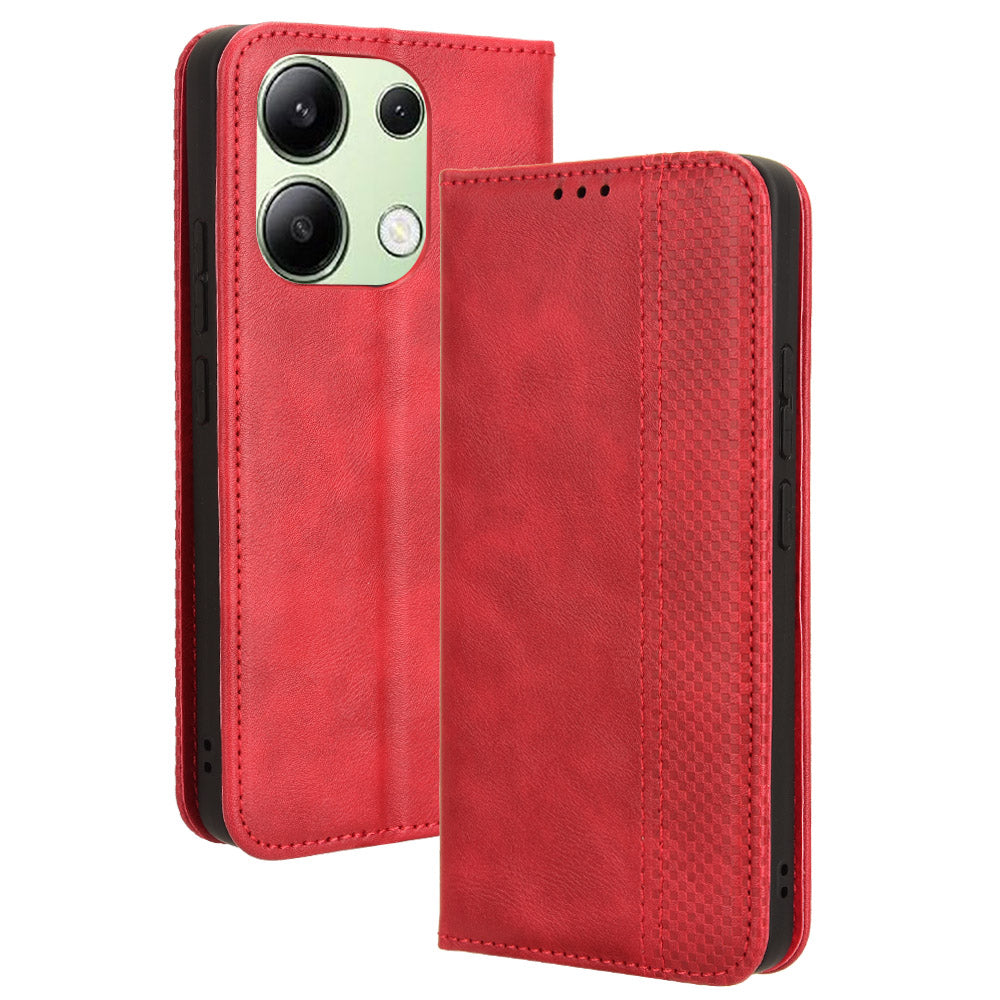 For Xiaomi Redmi Note 13 4G Leather Case Wallet Folding Stand Retro Phone Cover - Red