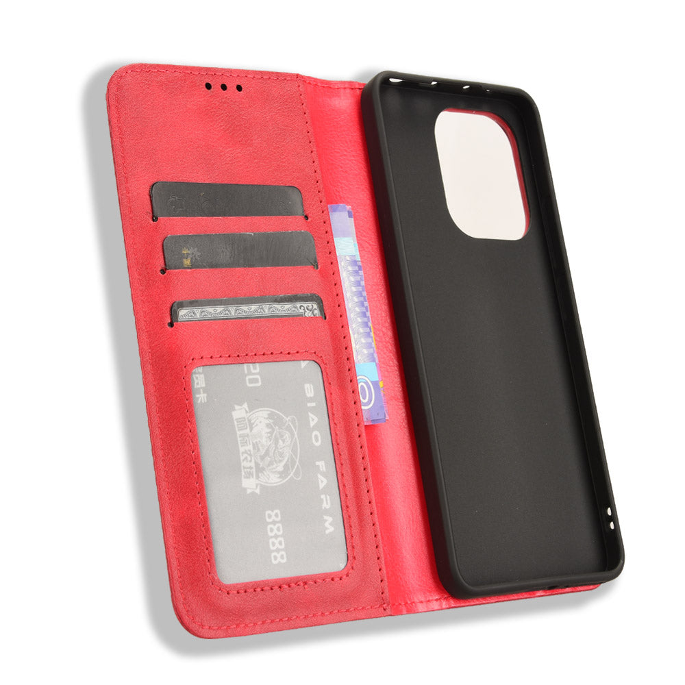 For Xiaomi Redmi Note 13 4G Leather Case Wallet Folding Stand Retro Phone Cover - Red