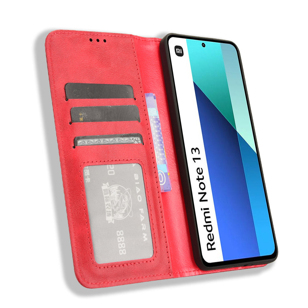 For Xiaomi Redmi Note 13 4G Leather Case Wallet Folding Stand Retro Phone Cover - Red