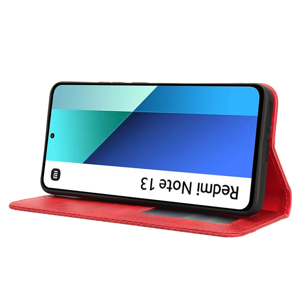 For Xiaomi Redmi Note 13 4G Leather Case Wallet Folding Stand Retro Phone Cover - Red