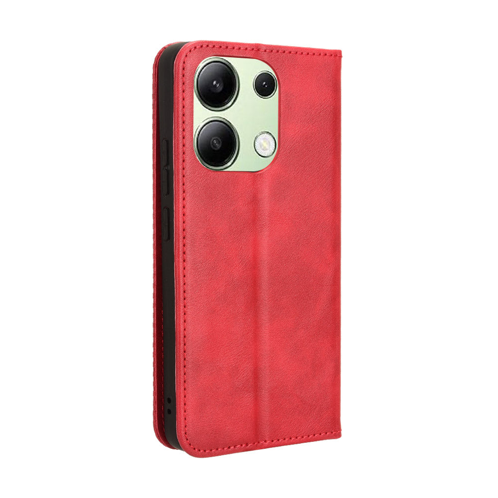 For Xiaomi Redmi Note 13 4G Leather Case Wallet Folding Stand Retro Phone Cover - Red