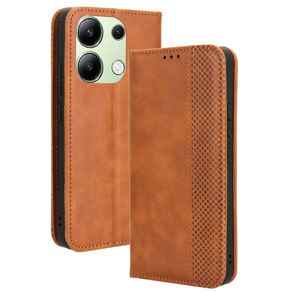 For Xiaomi Redmi Note 13 4G Leather Case Wallet Folding Stand Retro Phone Cover - Brown