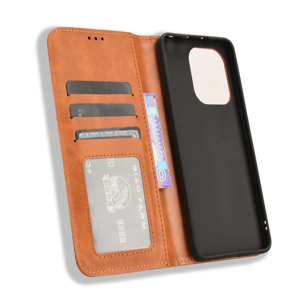 For Xiaomi Redmi Note 13 4G Leather Case Wallet Folding Stand Retro Phone Cover - Brown
