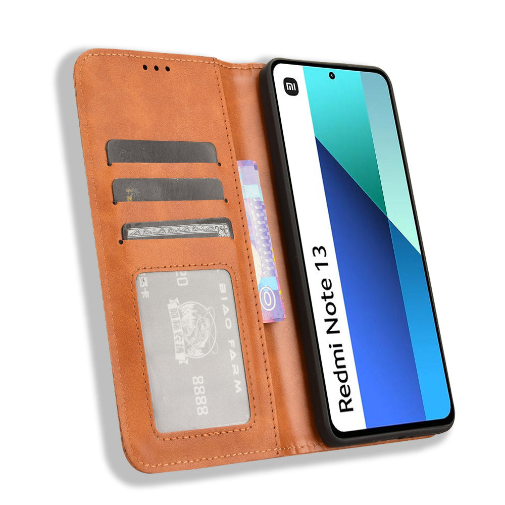 For Xiaomi Redmi Note 13 4G Leather Case Wallet Folding Stand Retro Phone Cover - Brown
