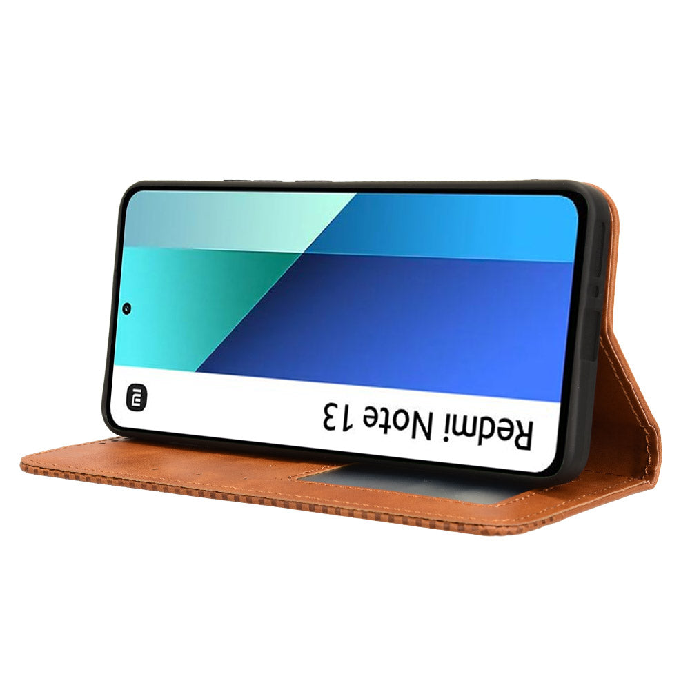 For Xiaomi Redmi Note 13 4G Leather Case Wallet Folding Stand Retro Phone Cover - Brown