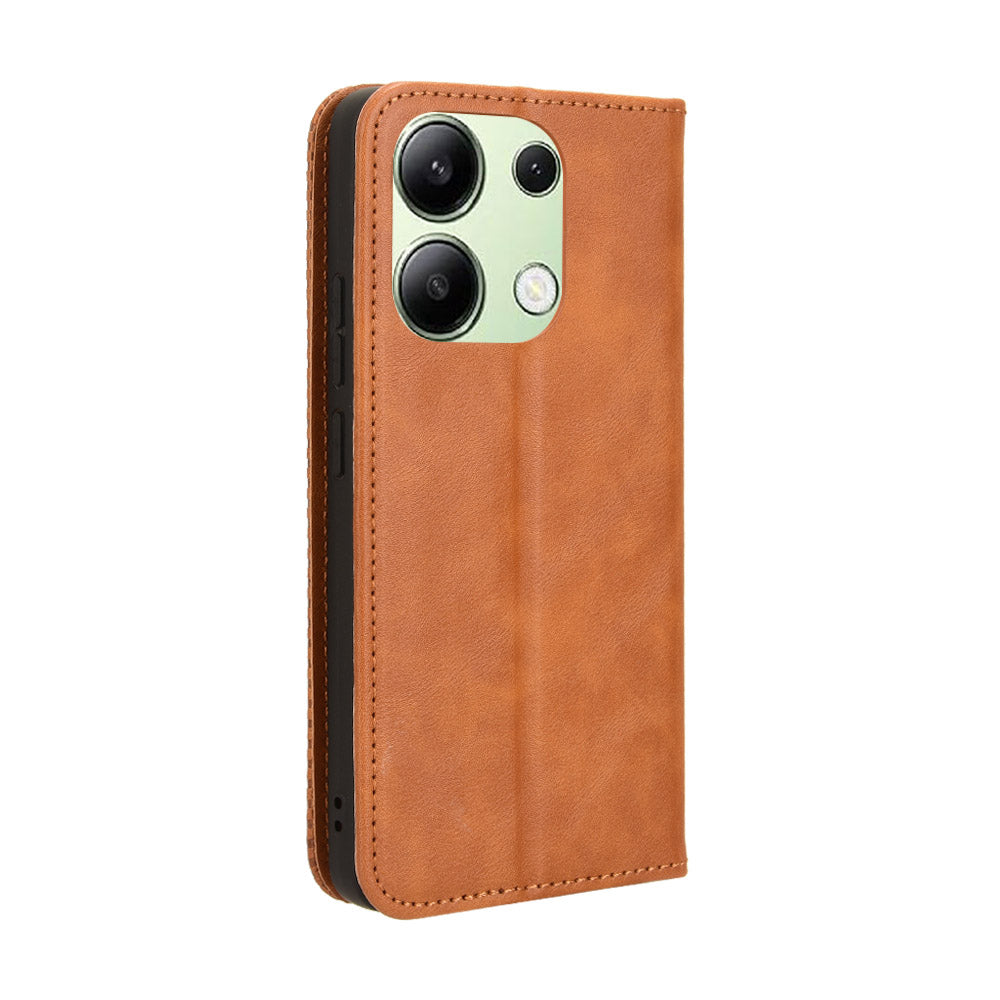 For Xiaomi Redmi Note 13 4G Leather Case Wallet Folding Stand Retro Phone Cover - Brown