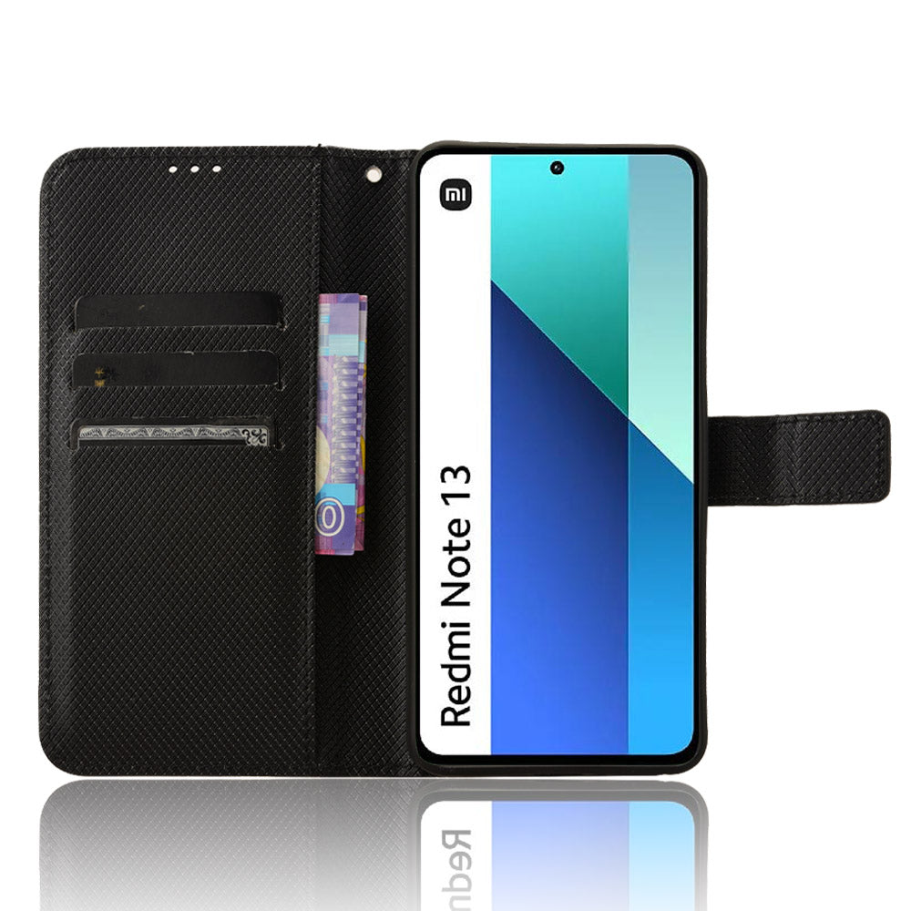 For Xiaomi Redmi Note 13 4G Wallet Phone Case Diamond Texture PU Leather Cover - Black