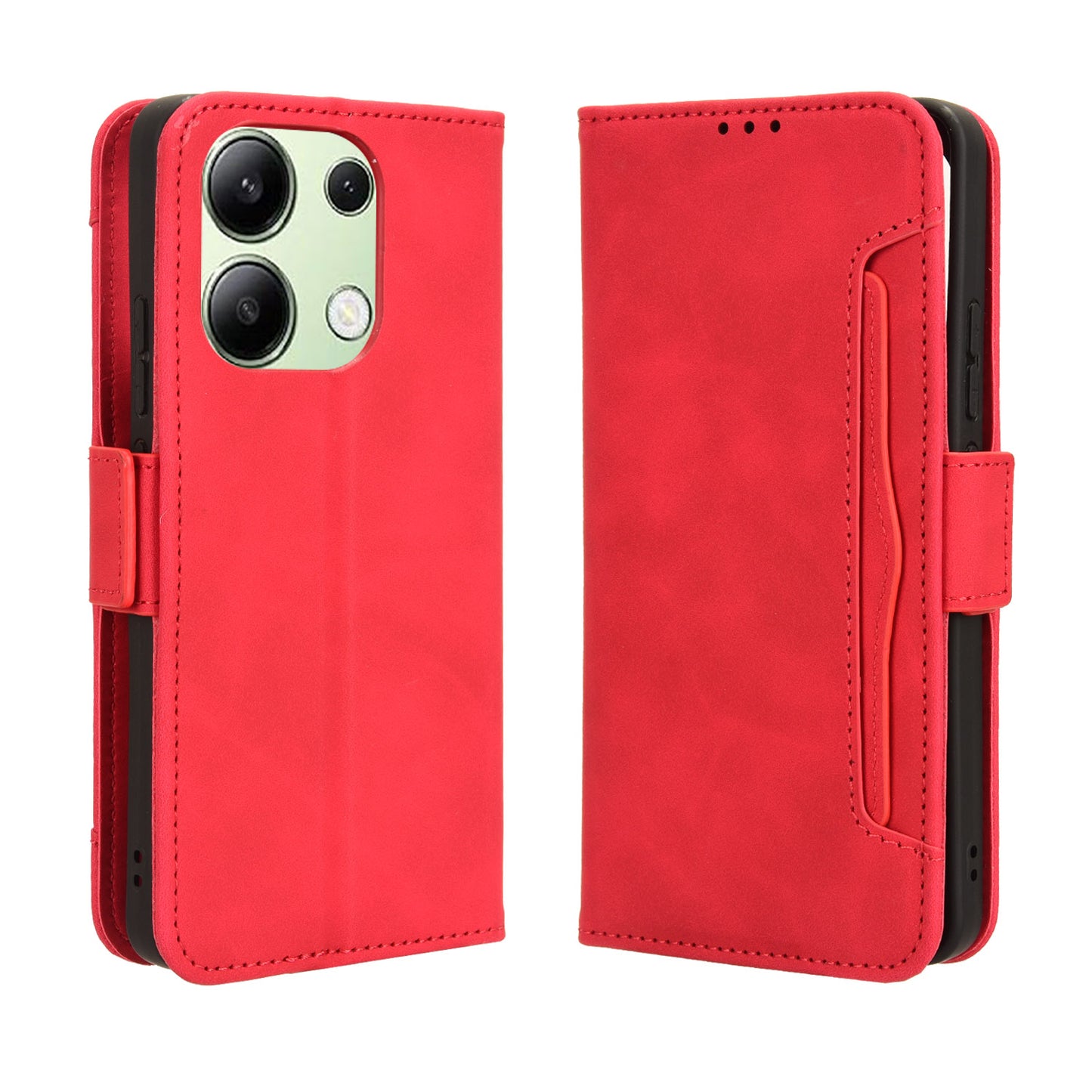 For Xiaomi Redmi Note 13 4G Leather Case Phone Cover with Multi Card Slots - Red