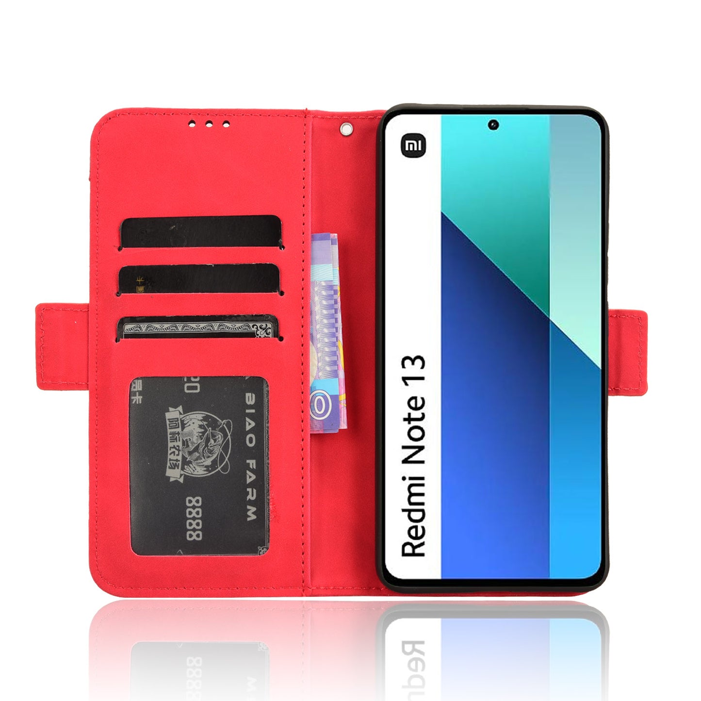 For Xiaomi Redmi Note 13 4G Leather Case Phone Cover with Multi Card Slots - Red