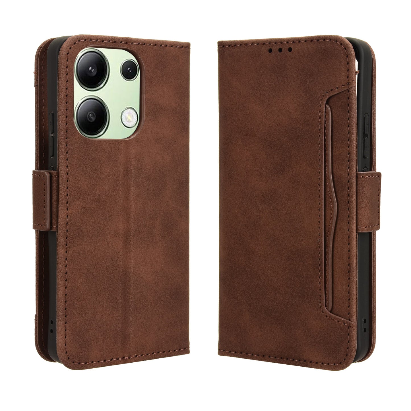 For Xiaomi Redmi Note 13 4G Leather Case Phone Cover with Multi Card Slots - Brown