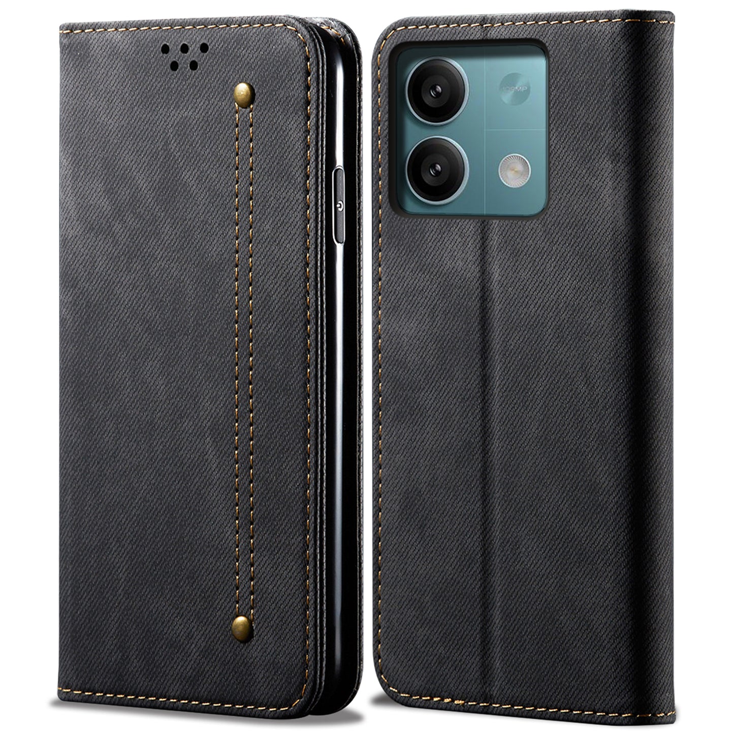 For Xiaomi Redmi Note 13 4G Leather Wallet Case Jeans Cloth Texture TPU Shockproof Shell - Black