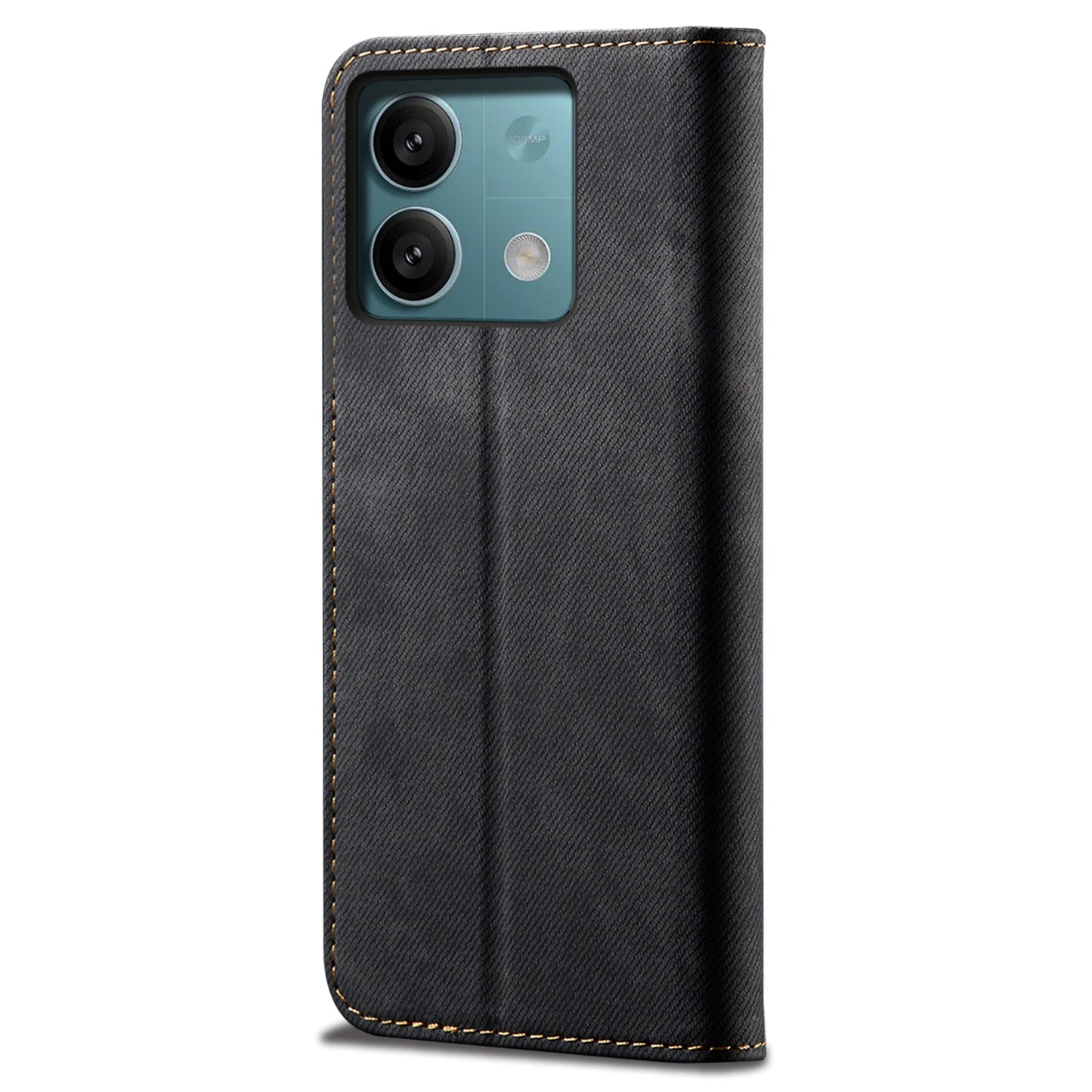 For Xiaomi Redmi Note 13 4G Leather Wallet Case Jeans Cloth Texture TPU Shockproof Shell - Black