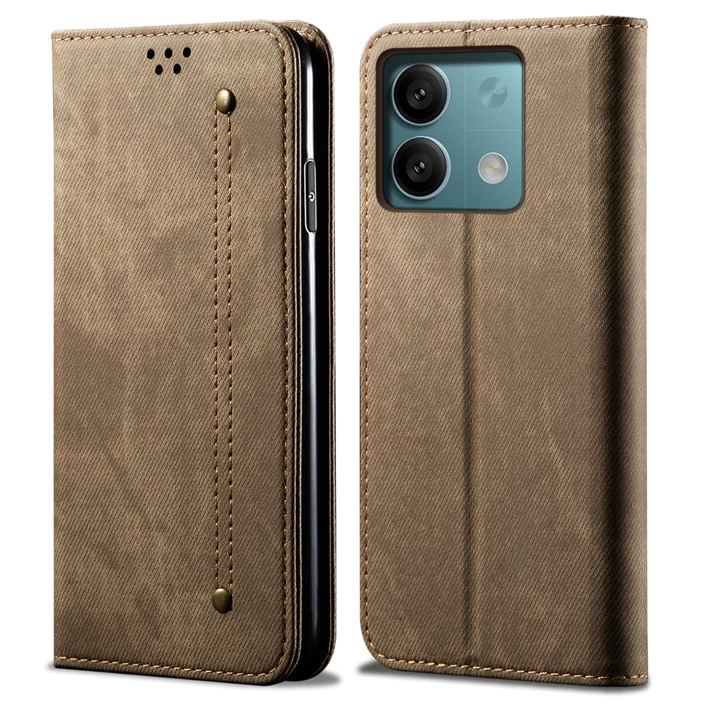 For Xiaomi Redmi Note 13 4G Leather Wallet Case Jeans Cloth Texture TPU Shockproof Shell - Khaki