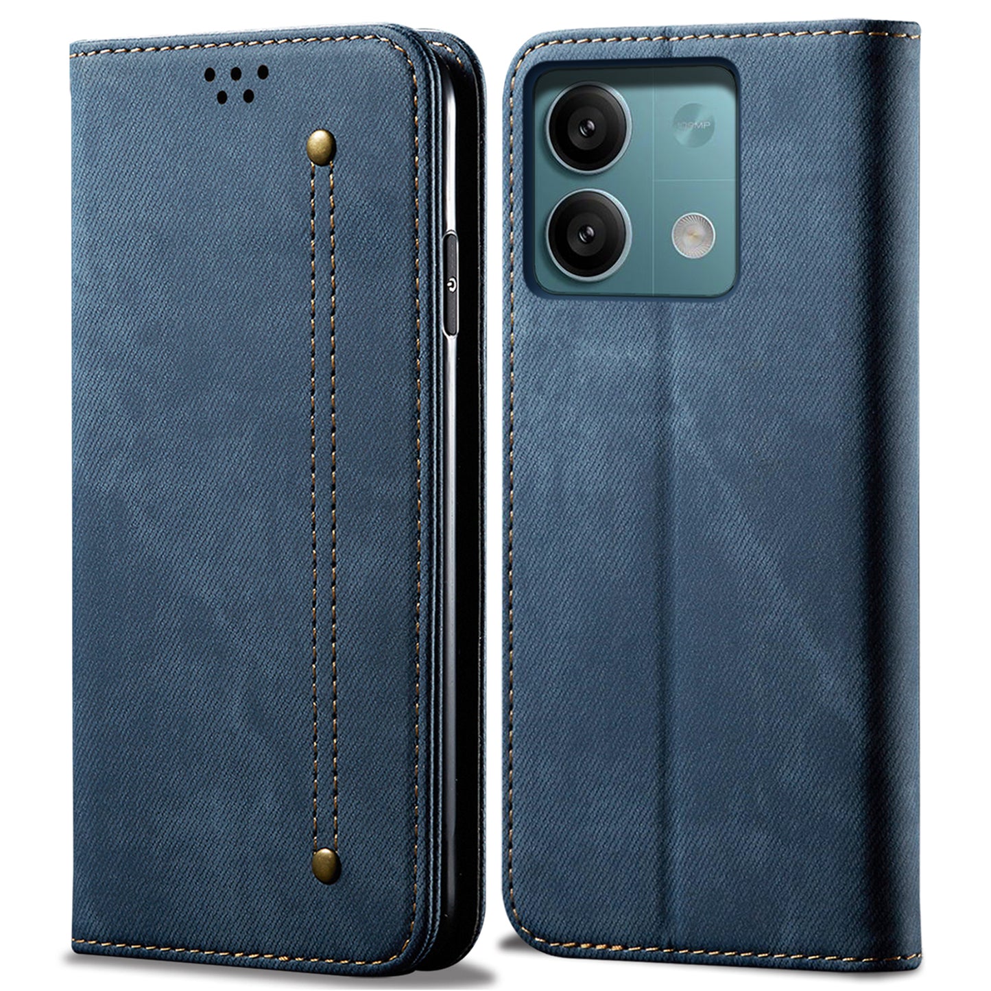 For Xiaomi Redmi Note 13 4G Leather Wallet Case Jeans Cloth Texture TPU Shockproof Shell - Blue
