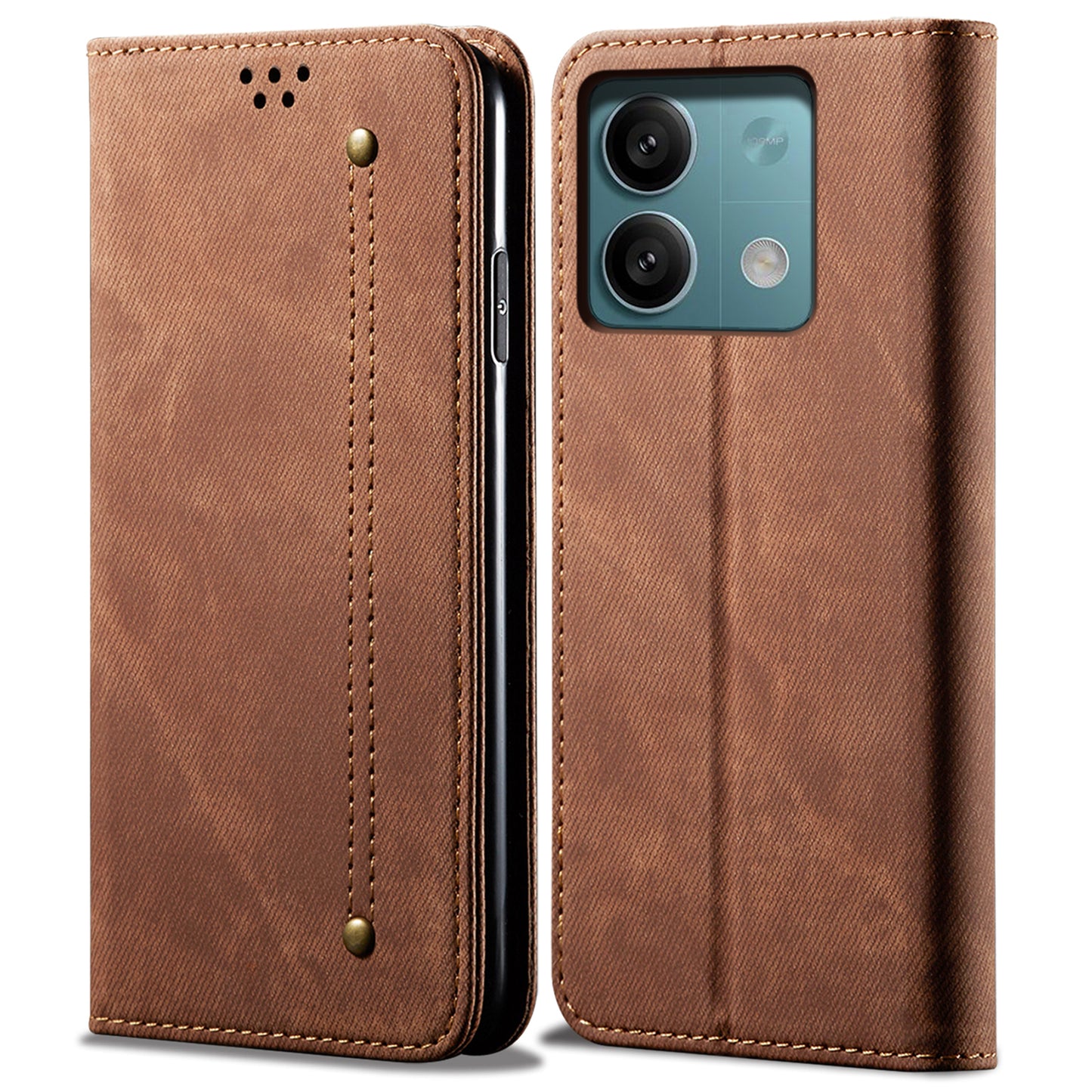 For Xiaomi Redmi Note 13 4G Leather Wallet Case Jeans Cloth Texture TPU Shockproof Shell - Coffee