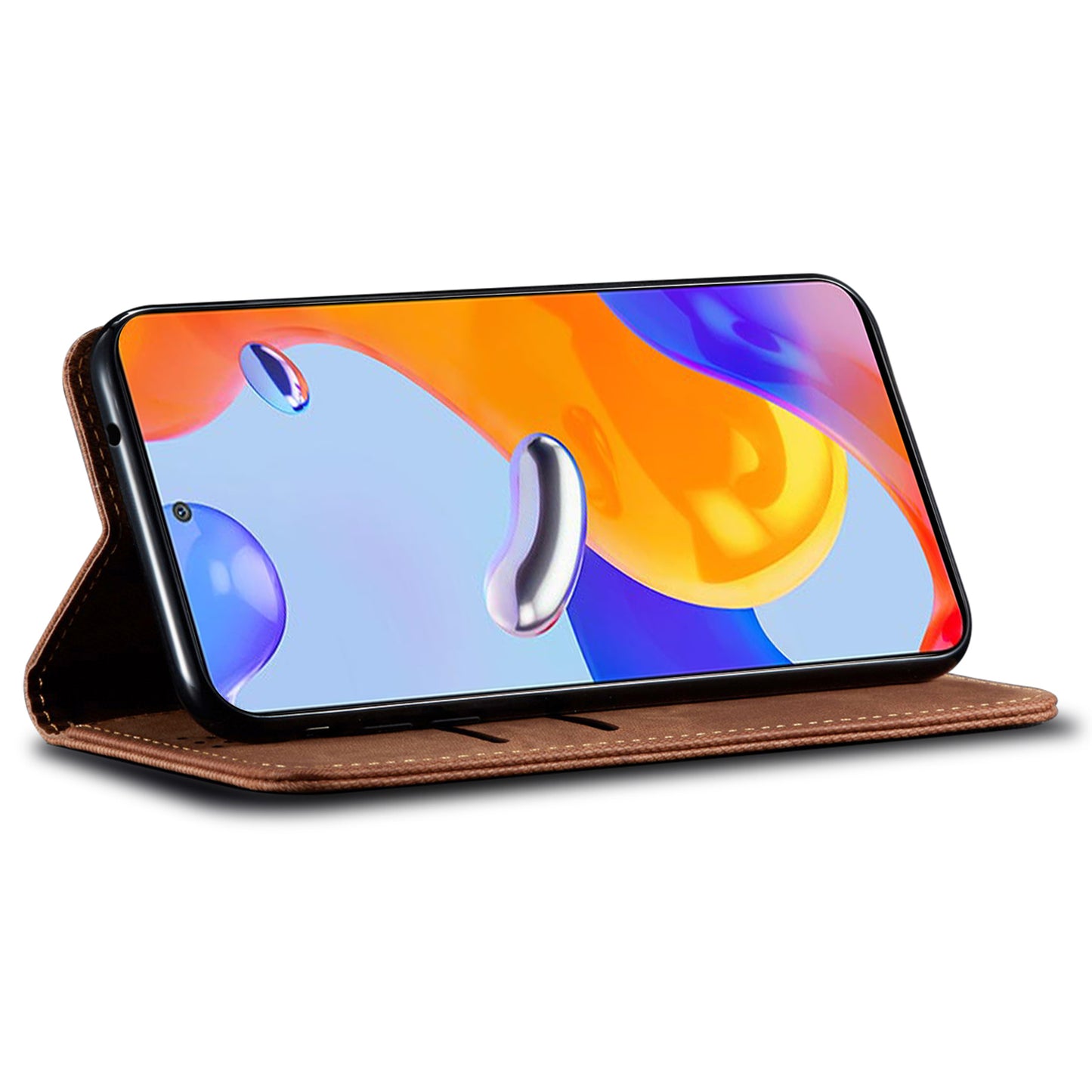 For Xiaomi Redmi Note 13 4G Leather Wallet Case Jeans Cloth Texture TPU Shockproof Shell - Coffee