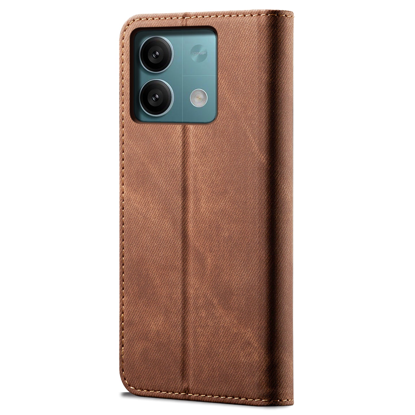 For Xiaomi Redmi Note 13 4G Leather Wallet Case Jeans Cloth Texture TPU Shockproof Shell - Coffee