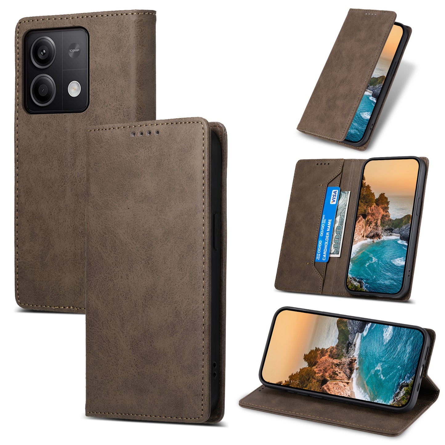 DF-05 For Xiaomi Redmi Note 13 5G / Note 13 5G (China) Case Wallet Phone Cover Magnetic Closing - Brown