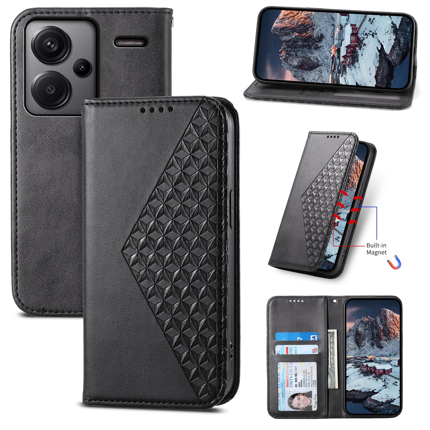 For Xiaomi Redmi Note 13 Pro+ 5G Leather Case Wallet Flip Cover Rhombus Pattern - Black