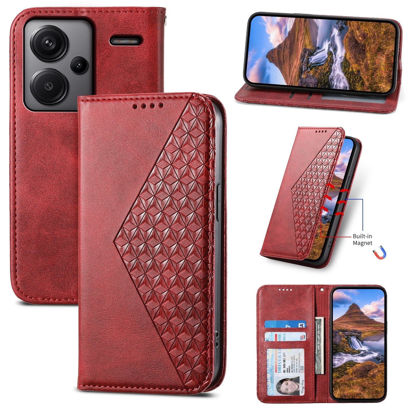 For Xiaomi Redmi Note 13 Pro+ 5G Leather Case Wallet Flip Cover Rhombus Pattern - Red