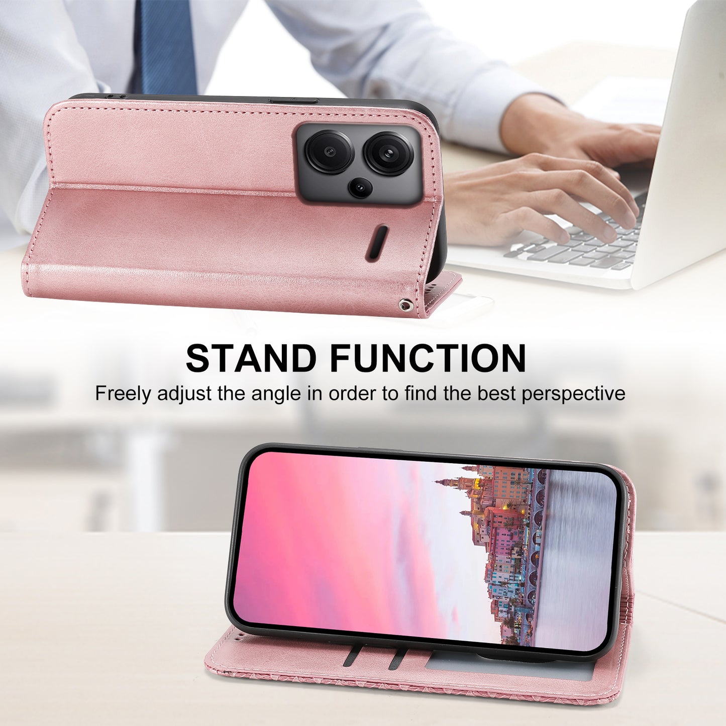 For Xiaomi Redmi Note 13 Pro+ 5G Leather Case Wallet Flip Cover Rhombus Pattern - Rose Gold