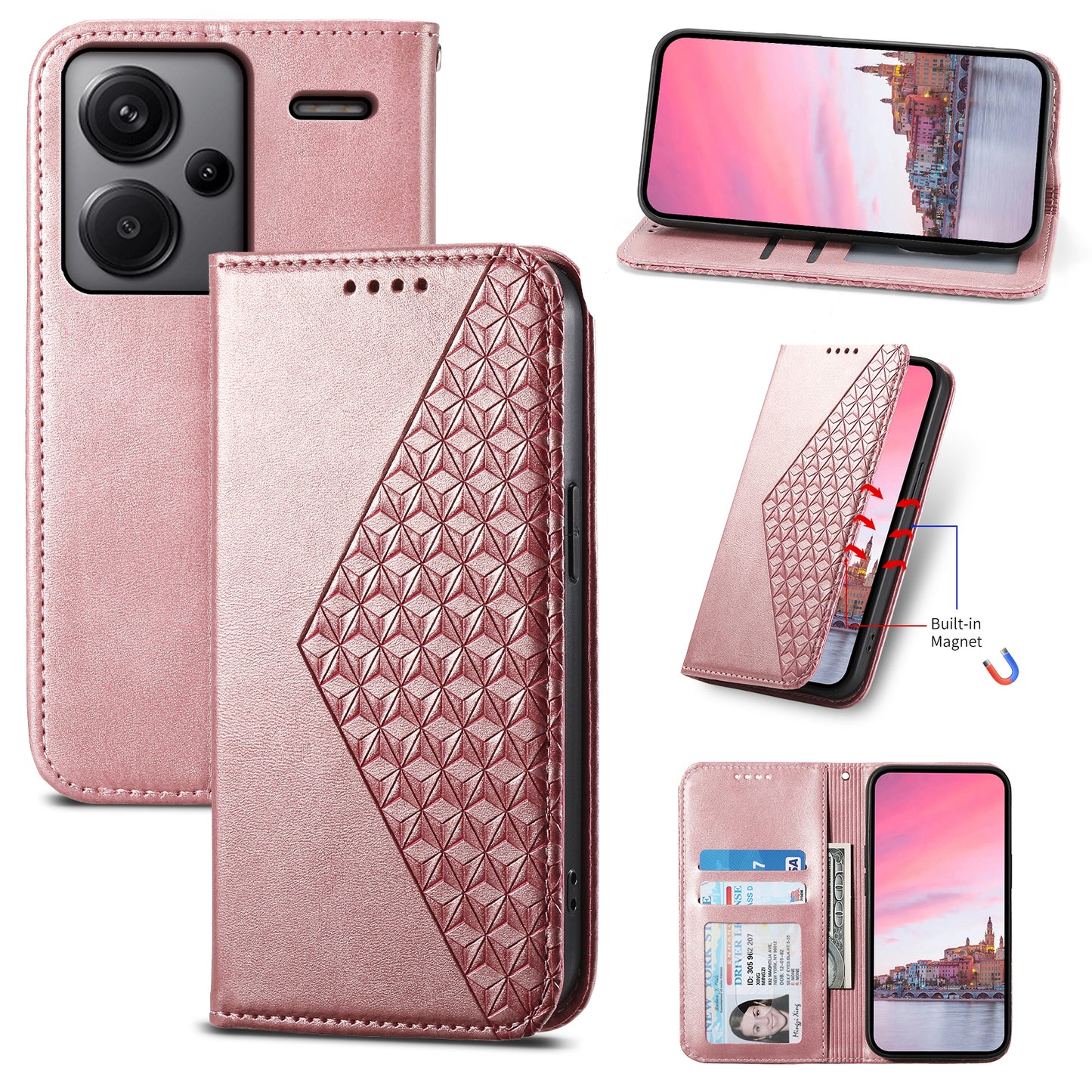 For Xiaomi Redmi Note 13 Pro+ 5G Leather Case Wallet Flip Cover Rhombus Pattern - Rose Gold