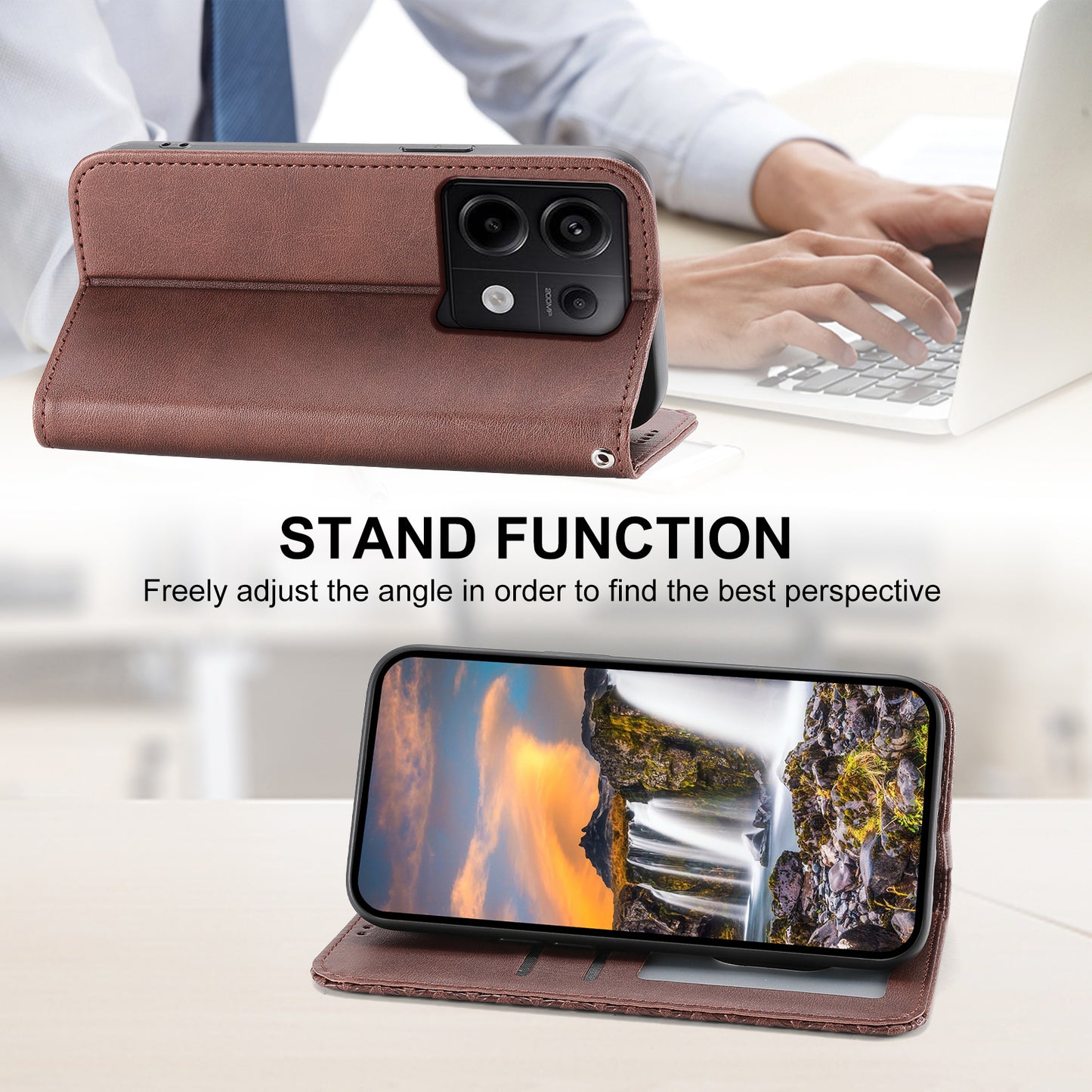 For Xiaomi Redmi Note 13 Pro 5G / Poco X6 5G Case Wallet Magnetic Leather Cover Rhombus Pattern - Brown