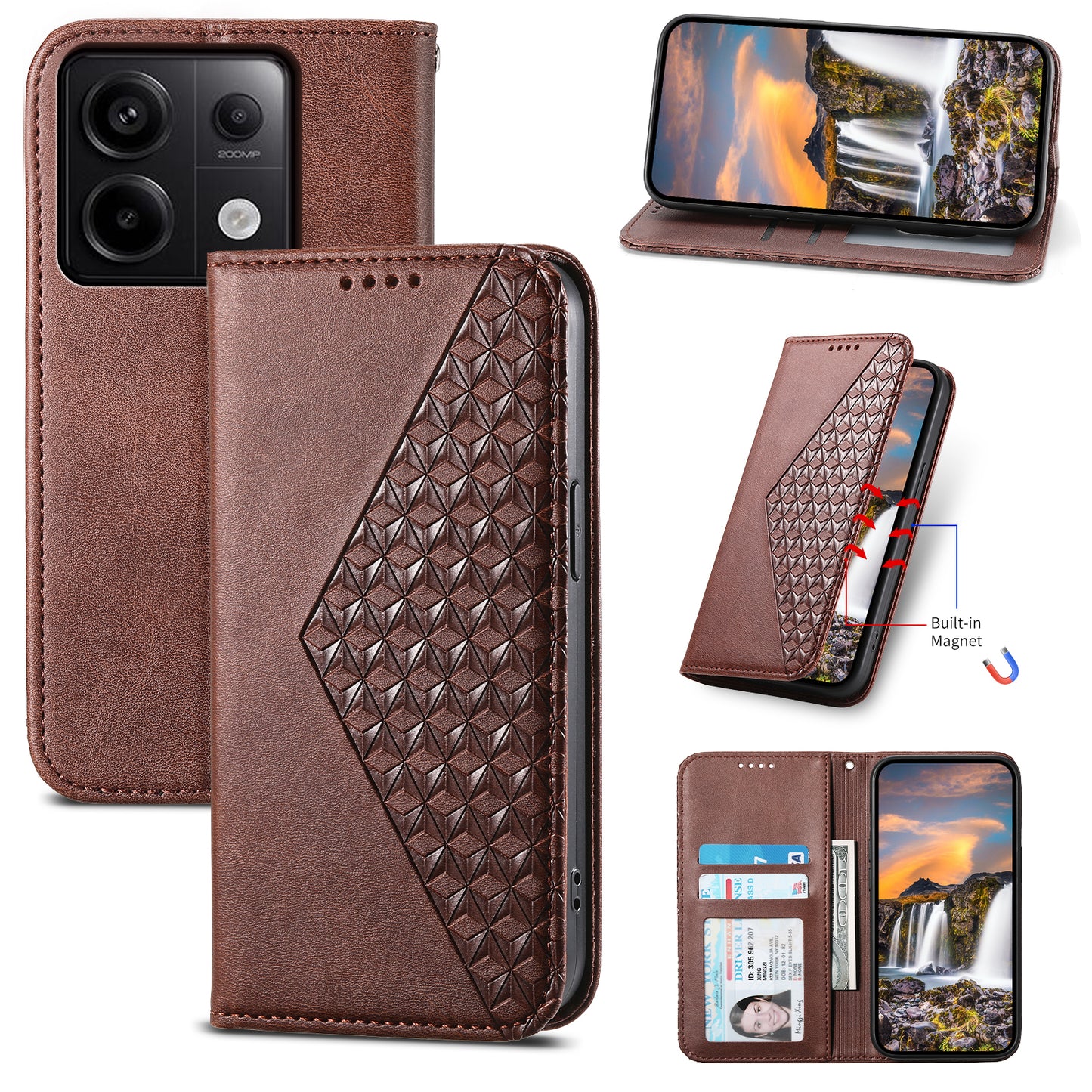 For Xiaomi Redmi Note 13 Pro 5G / Poco X6 5G Case Wallet Magnetic Leather Cover Rhombus Pattern - Brown