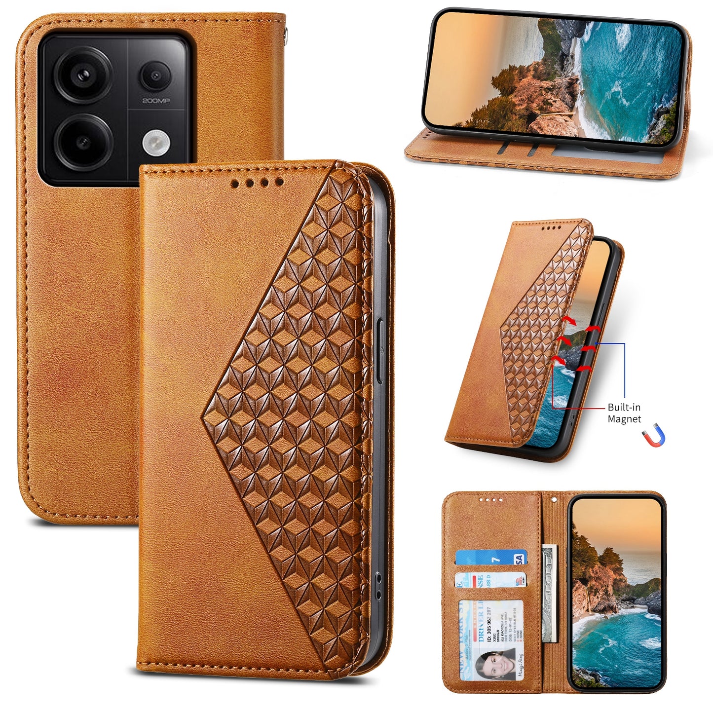 For Xiaomi Redmi Note 13 Pro 5G / Poco X6 5G Case Wallet Magnetic Leather Cover Rhombus Pattern - Yellow