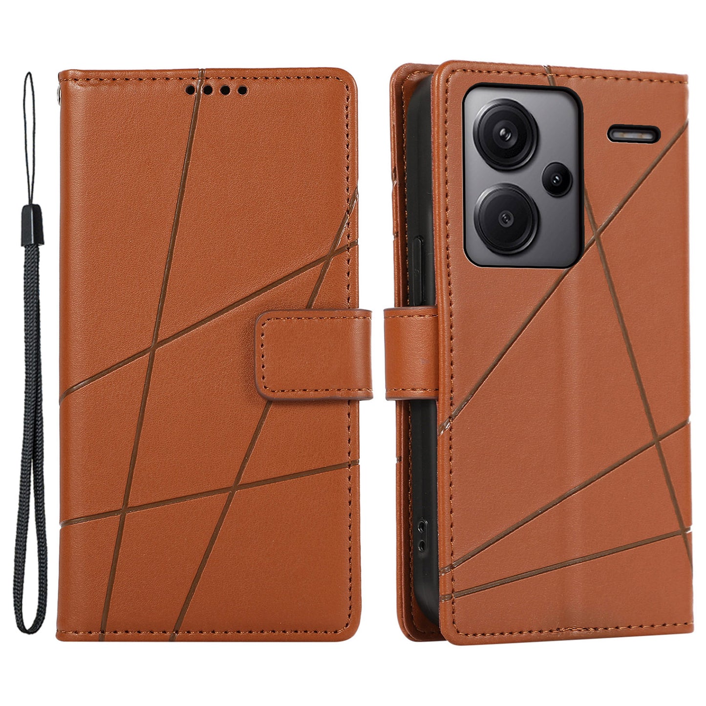 DF-06 For Xiaomi Redmi Note 13 Pro+ 5G Case Leather Cover Line Imprinted with Wallet - Brown