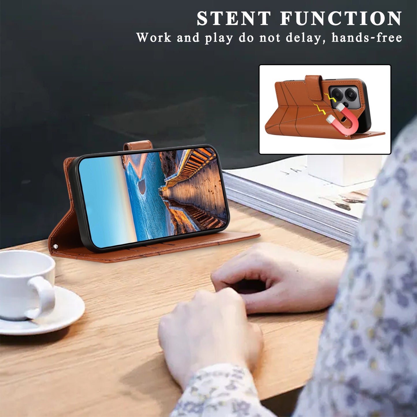 DF-06 For Xiaomi Redmi Note 13 Pro+ 5G Case Leather Cover Line Imprinted with Wallet - Brown