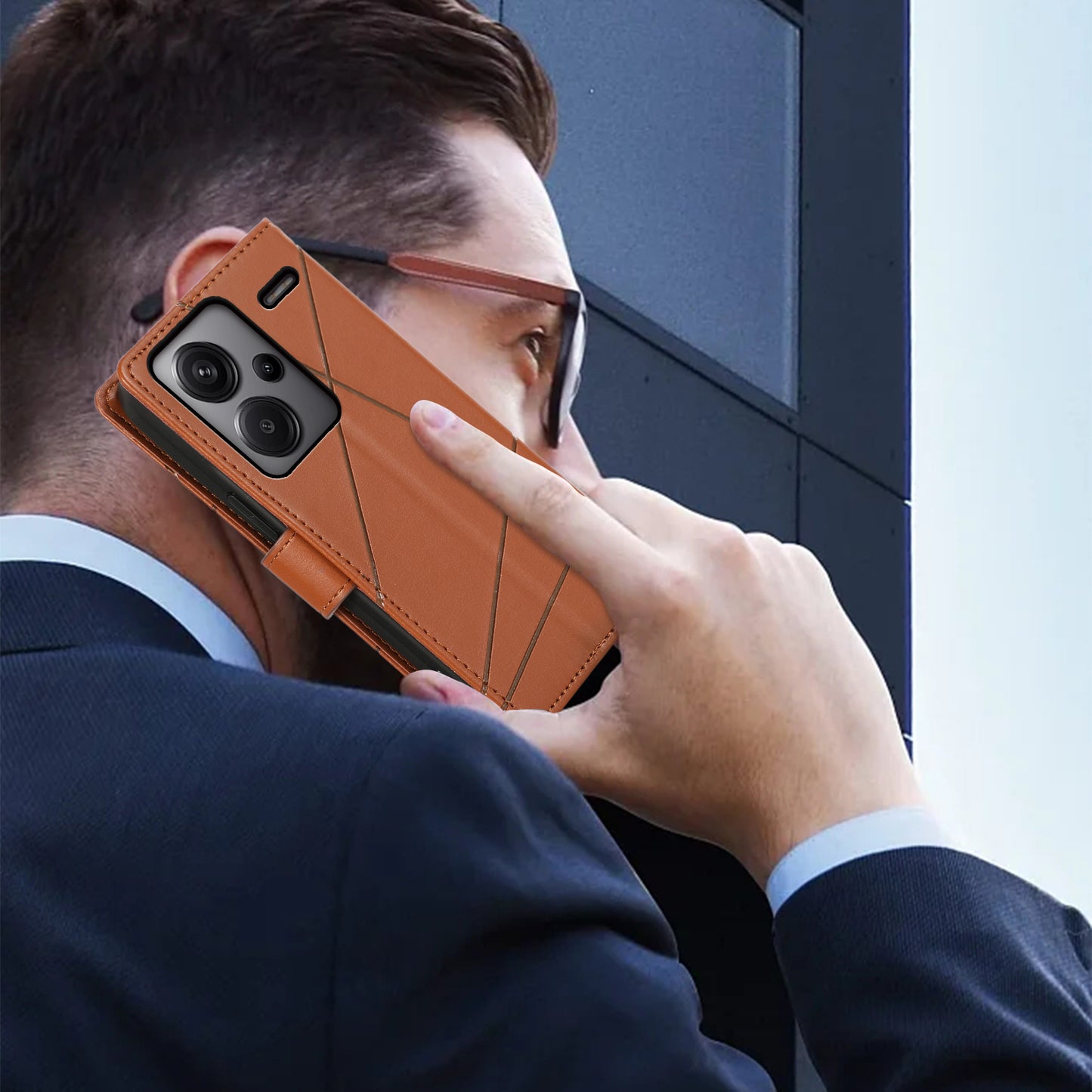 DF-06 For Xiaomi Redmi Note 13 Pro+ 5G Case Leather Cover Line Imprinted with Wallet - Brown