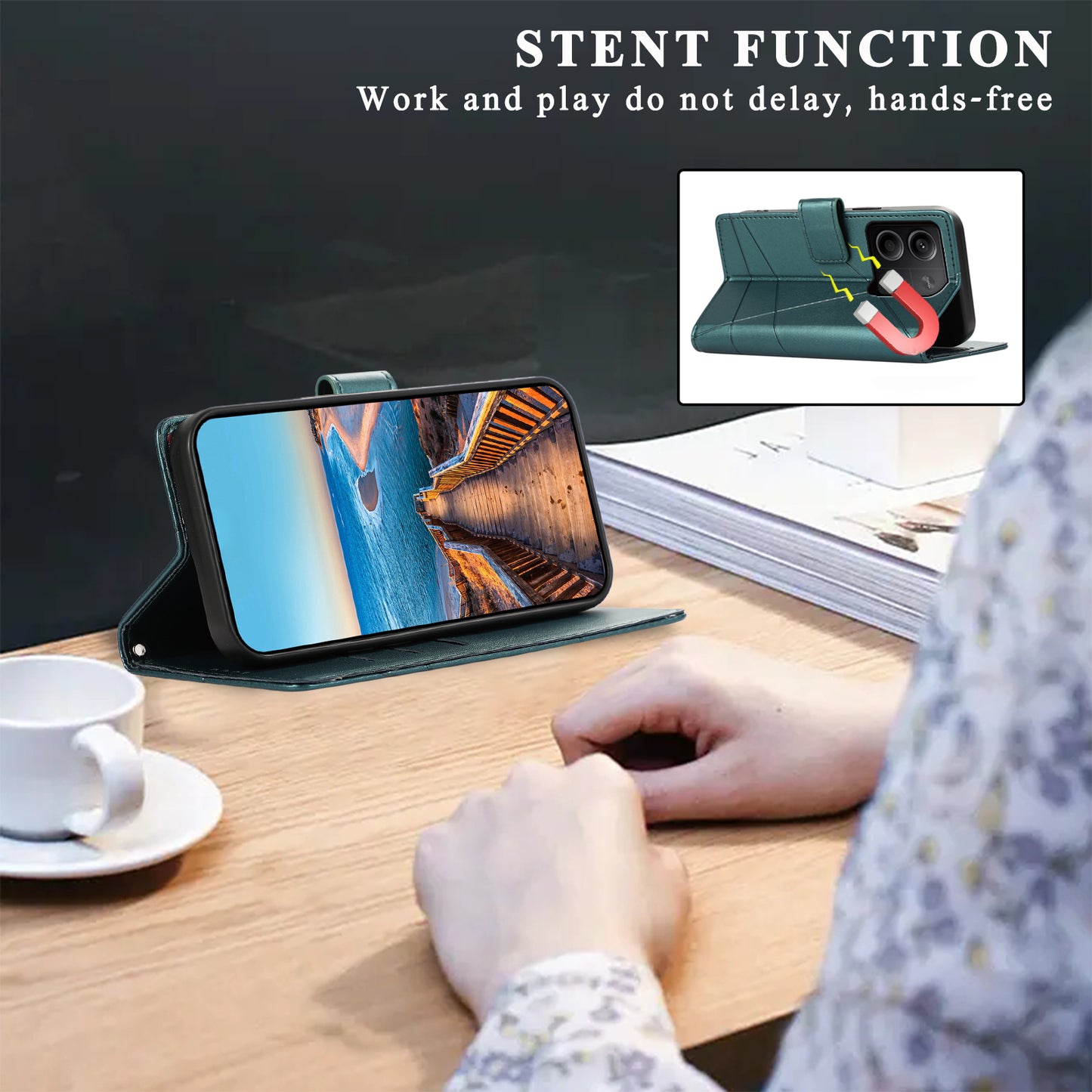 DF-06 For Xiaomi Redmi Note 13 5G / Note 13 5G (China) Case Line Imprinted Leather Cover - Green