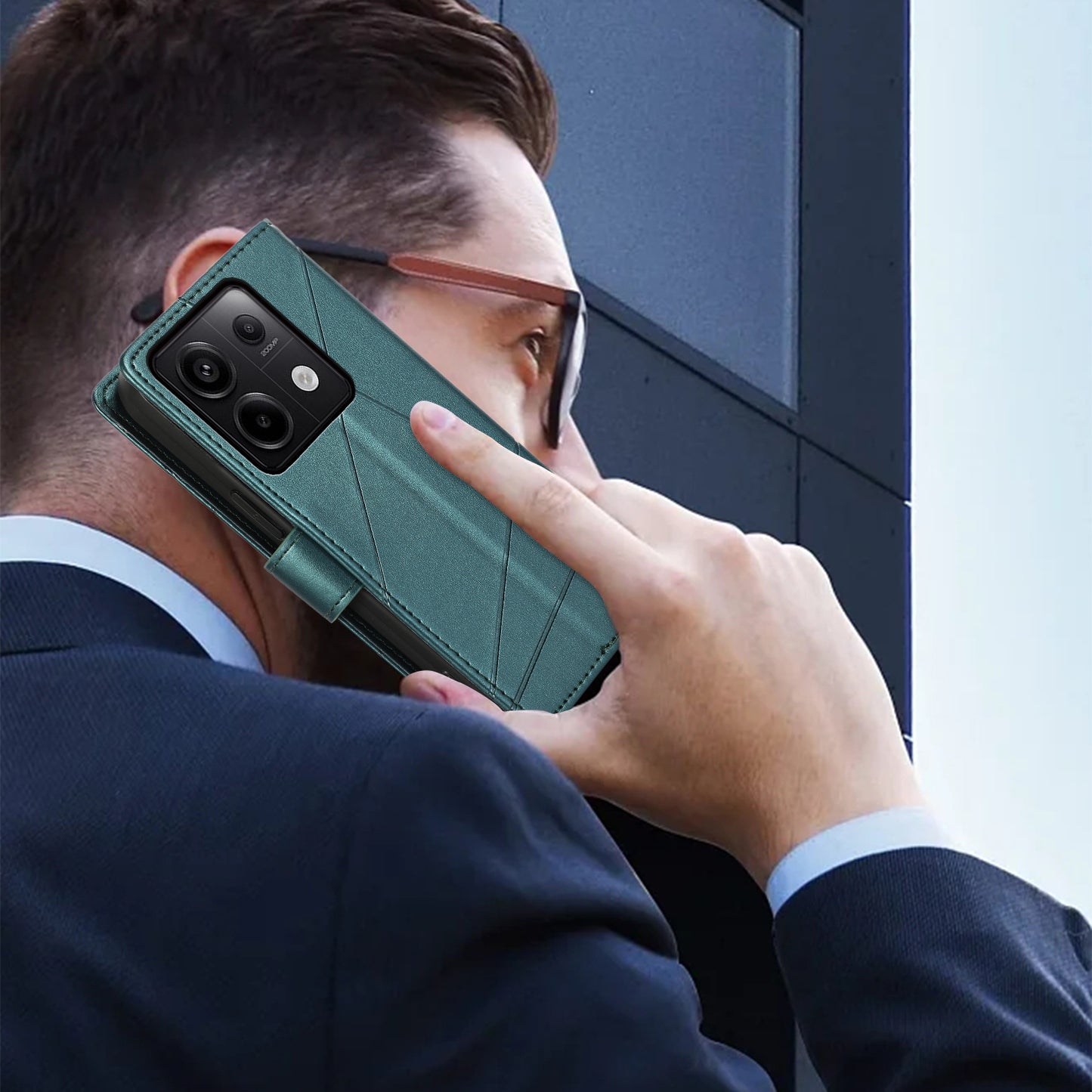 DF-06 For Xiaomi Redmi Note 13 Pro 5G / Poco X6 5G Leather Case Line Imprinted Wallet Cover - Green