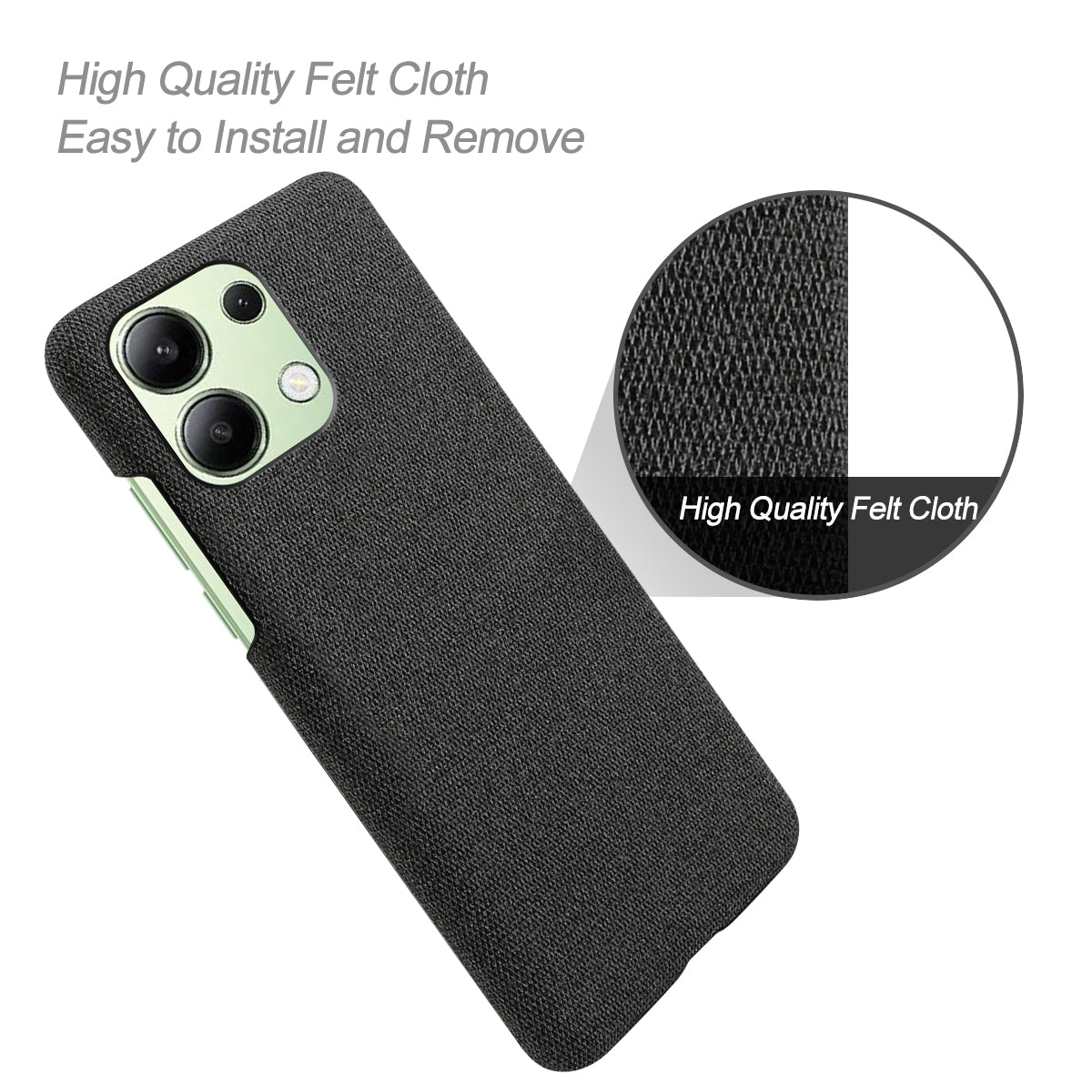 For Xiaomi Redmi Note 13 4G Phone Case Hard PC+Cloth Anti-slip Cover - Black